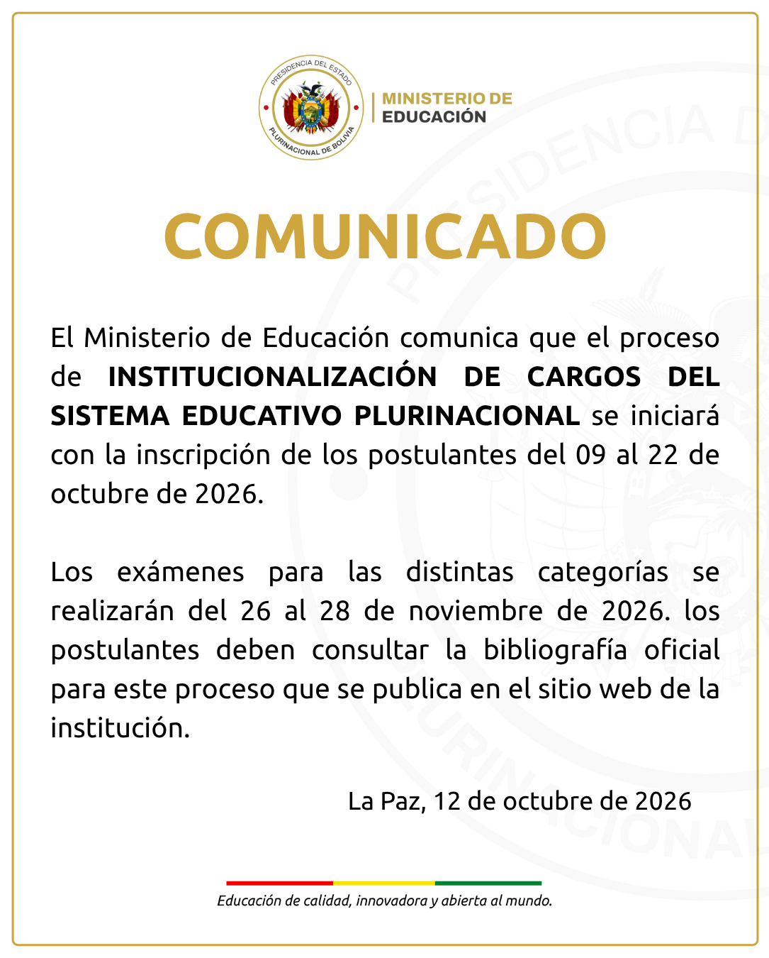 Comunicado sobre el proceso de Institucionalización de cargos del Sistema Educativo Plurinacional