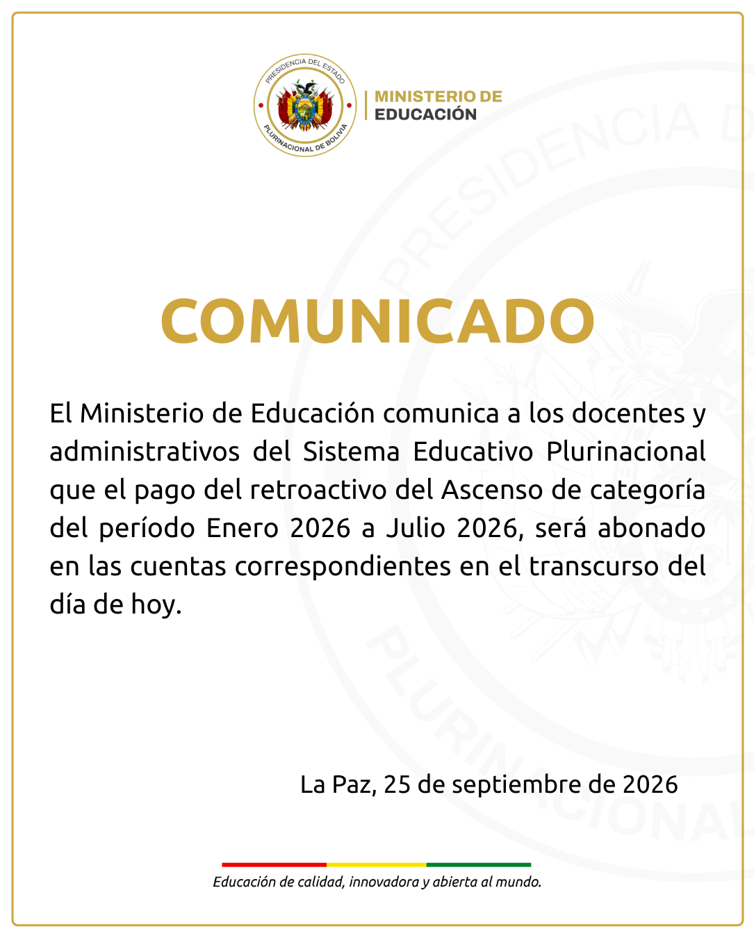 Comunicado Pago del retroactivo del Ascenso de Categoría 2026