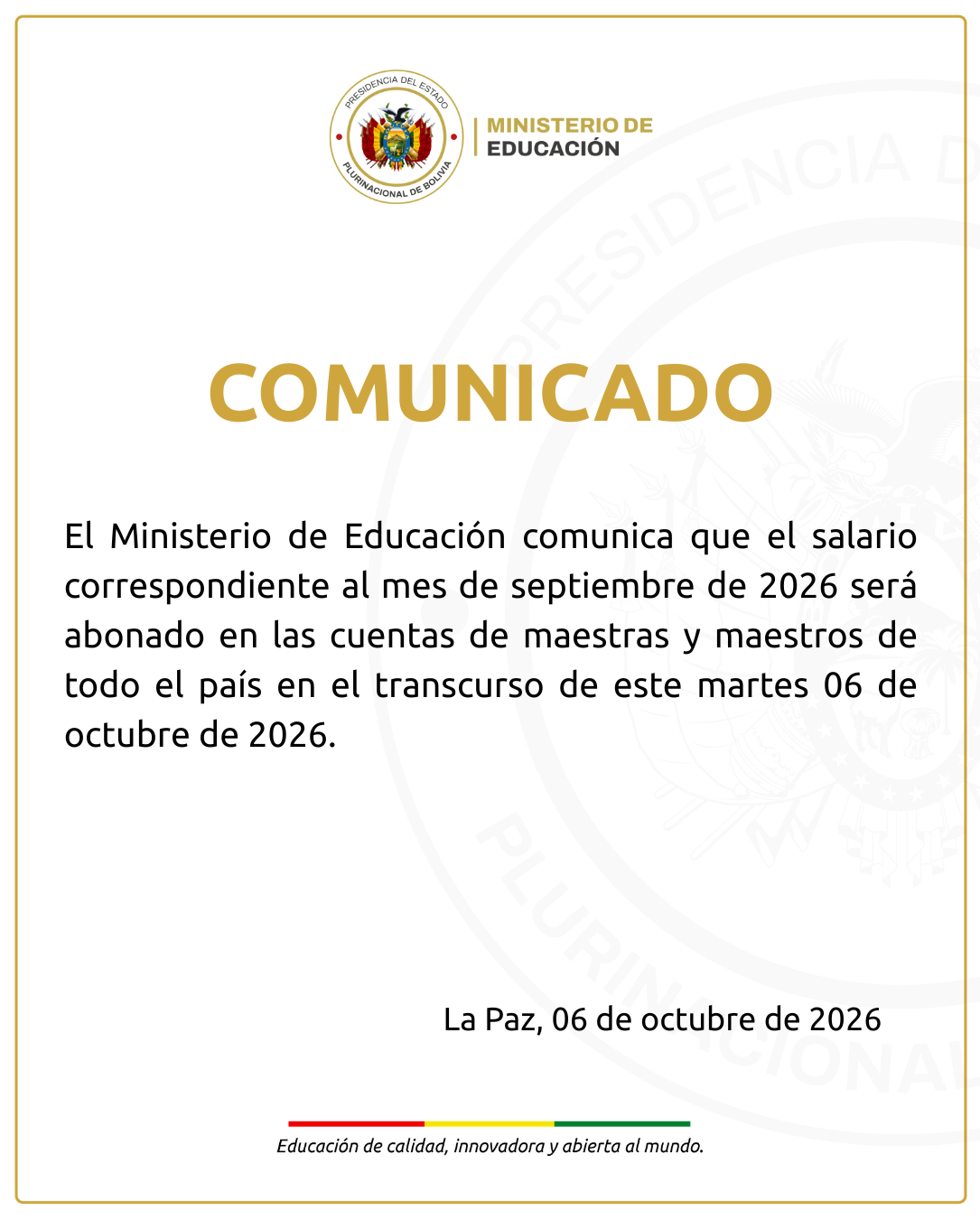 Comunicado pago de salario septiembre 2026