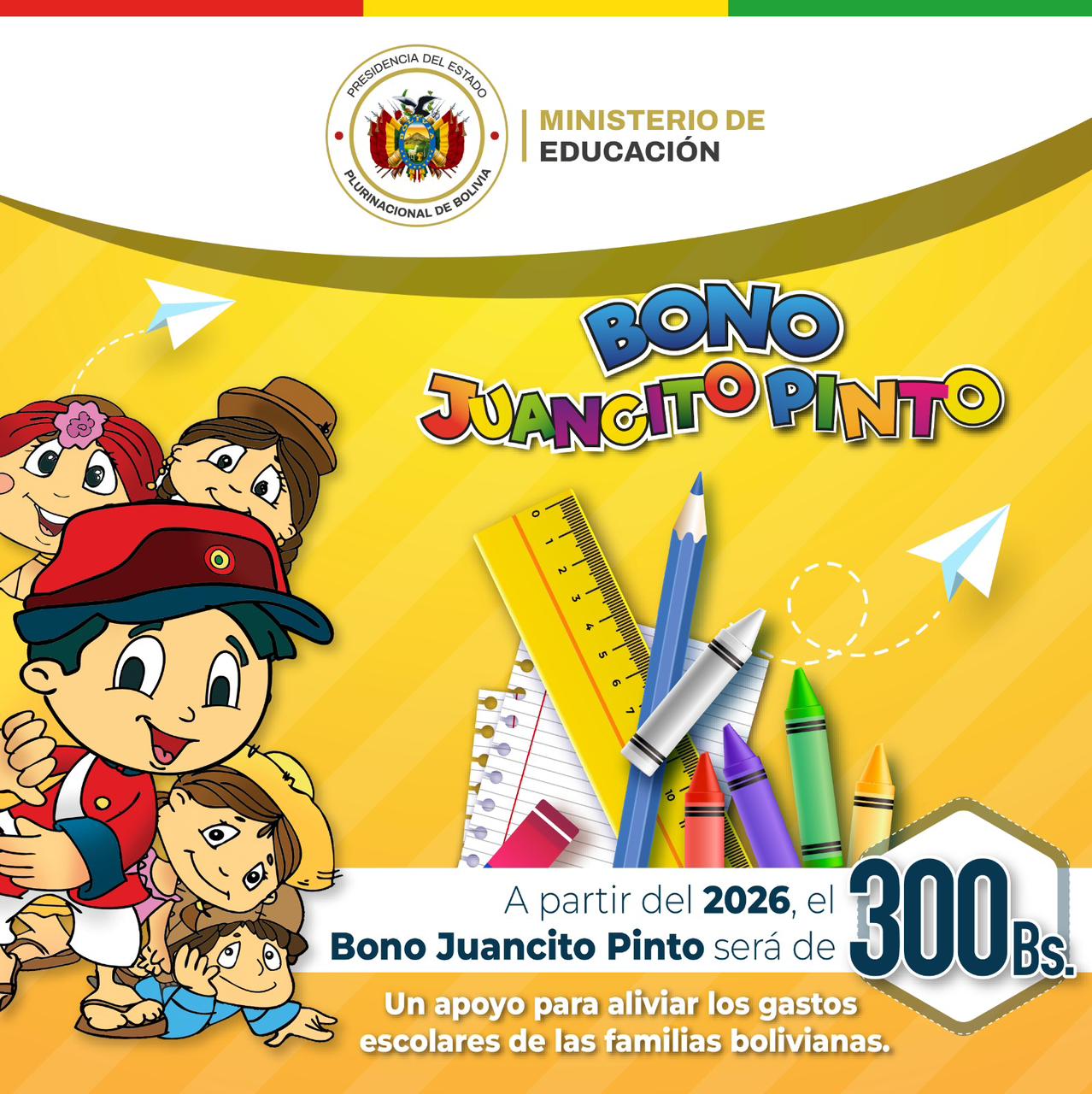 Gobierno incrementa El Bono Juancito Pinto a Bs. 300