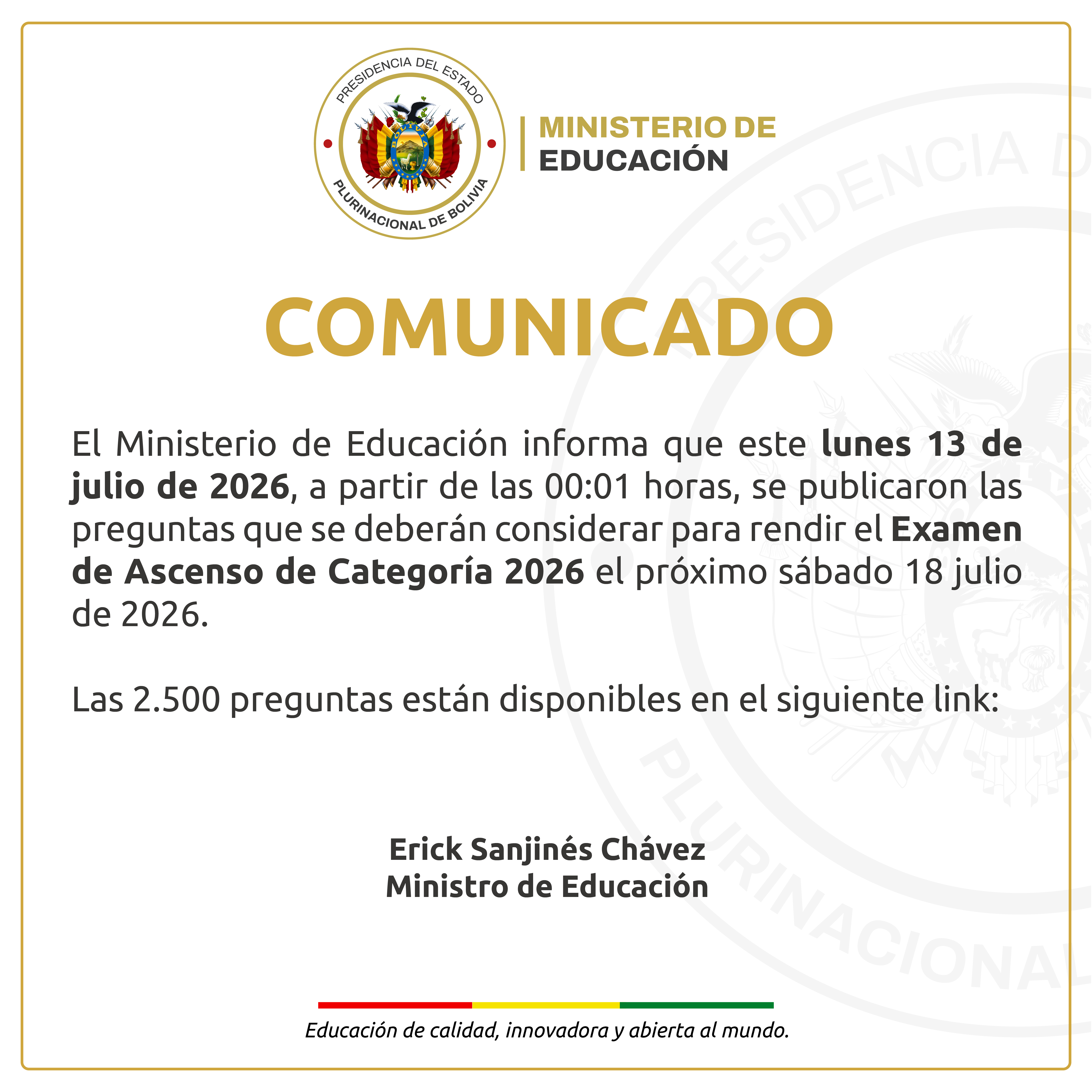Atención maestras y maestros de Bolivia el Ministerio de Educación informa que las preguntas para el Examen de  Ascenso de Categoría 2026 ya fueron publicadas.