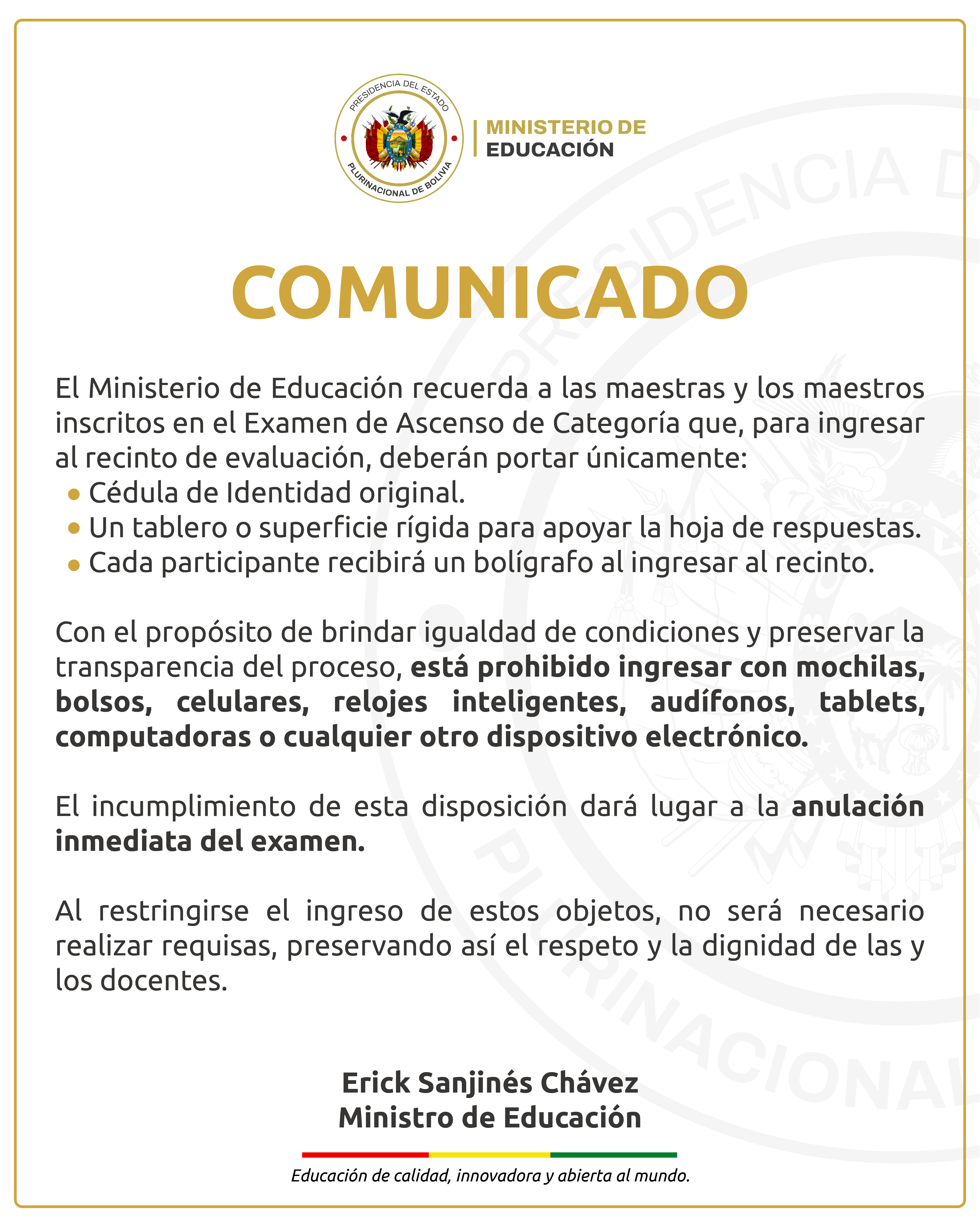 COMUNICADO: El Ministerio de Educación recuerda a las maestras y los maestros inscritos en el Examen de Ascenso de Categoría los requisitos que deberán portar para el ingreso al recinto de evaluación